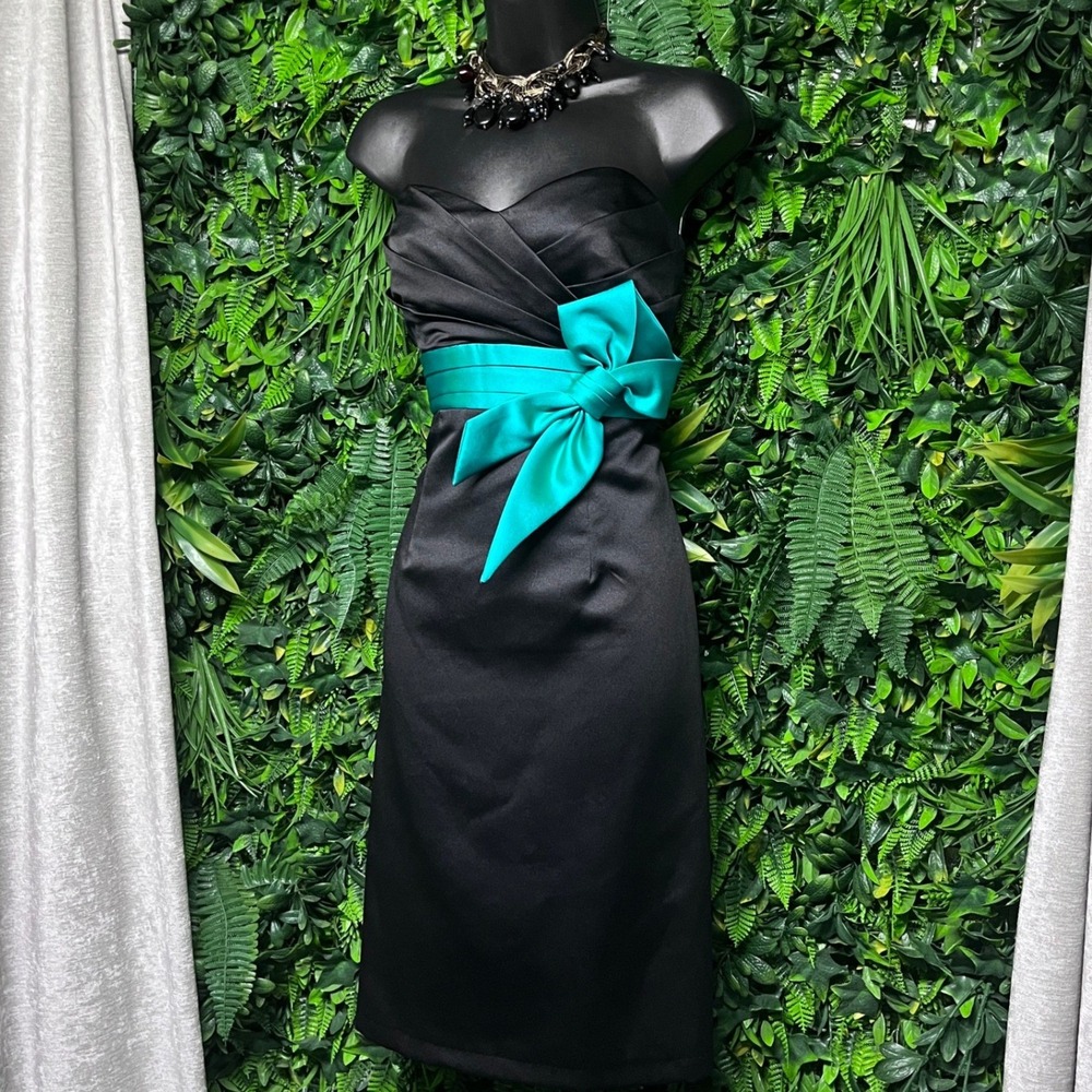 Alfred Angelo Dress 6 Black Teal Strapless Bow Satin Cocktail Formal NEW 4187